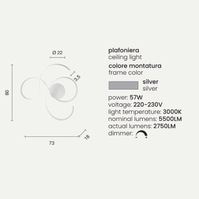 TWIST ceiling led lamp in SILVER painted metal 73x80 cm