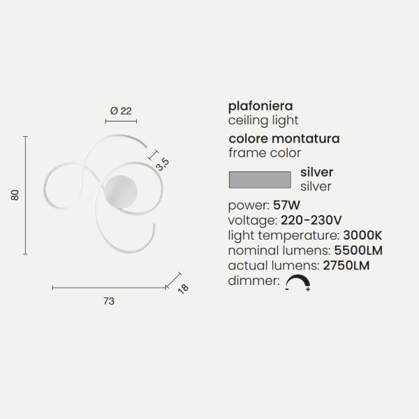 TWIST ceiling led lamp in SILVER painted metal 73x80 cm