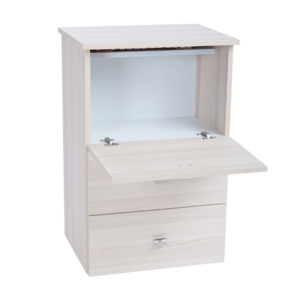 Mueble tabla de planchar retráctil en madera de roble 55x85h cm con 1 puerta y 2 cajones