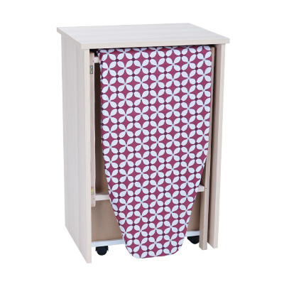 Mueble tabla de planchar retráctil en madera de roble 55x85h cm con 1 puerta y 2 cajones