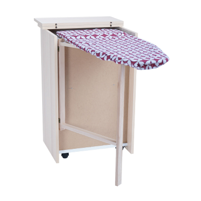 Mueble tabla de planchar retráctil en madera de roble 55x85h cm con 1 puerta y 2 cajones
