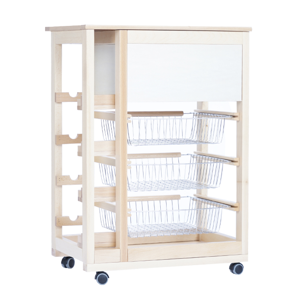 Fruit trolley with bread bin and natural bottle holder