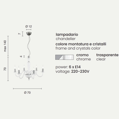 PAGANINI hanging lamp with 6 LIGHTS in handmade glass D70 cm CHROME