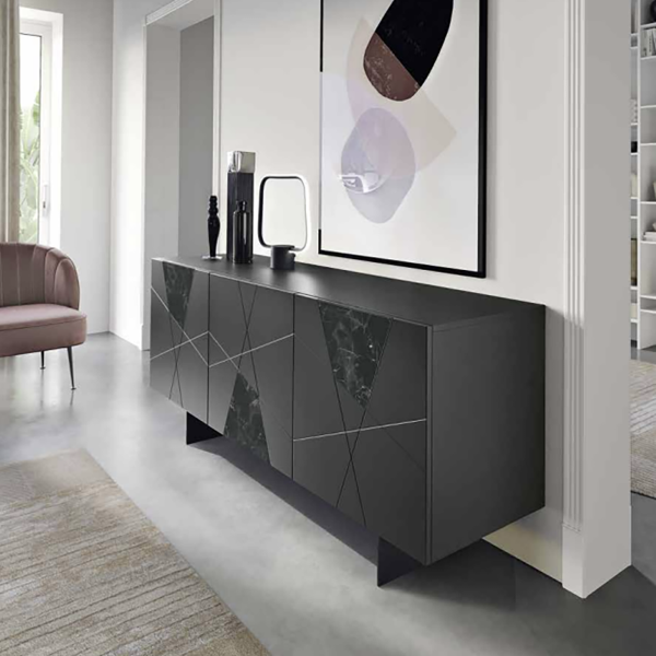 180 cm großes Sideboard aus Holz mit 3 anthrazitfarbenen Türen und Marmorglas – ADEL 2 Füße