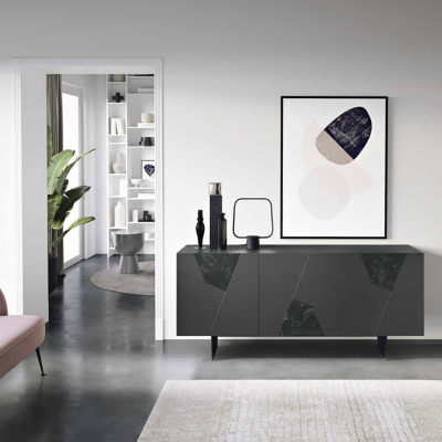 180 cm großes Sideboard aus Holz mit 3 anthrazitfarbenen Türen und Marmorglas – ADEL 2 Füße