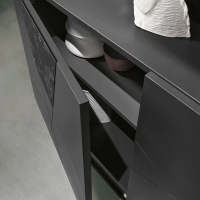 Buffet 3 portes en bois anthracite et verre effet marbre 180 cm - ADEL