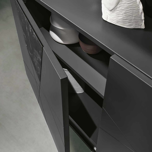 Buffet 3 portes en bois anthracite et verre effet marbre 180 cm - ADEL