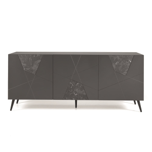 Wooden sideboard 180 cm 3 anthracite doors and marble glass - ADEL 5 feet