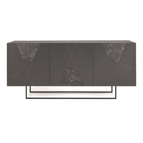 Buffet 3 portes en bois anthracite et verre effet marbre 180 cm - ADEL