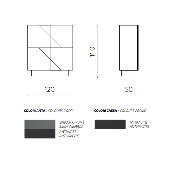 Wooden sideboard 4 doors Anthracite smoked mirror 2 feet - ARTE 120