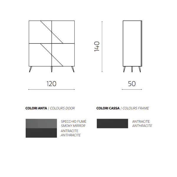 Anthracite wooden sideboard with smoked mirror, 4 doors and 5 feet - ARTE 120