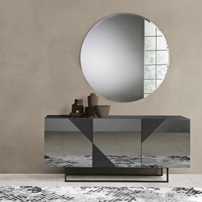 Buffet en bois 3 portes miroir fumé anthracite avec pieds façonnés - ARTE 180