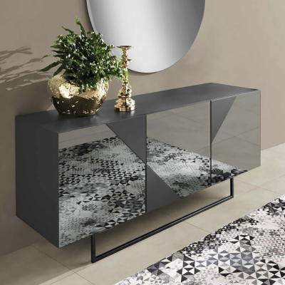 Buffet en bois 3 portes miroir fumé anthracite avec pieds façonnés - ARTE 180