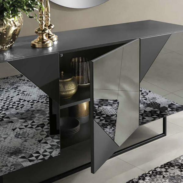 Buffet en bois 3 portes miroir fumé anthracite avec pieds façonnés - ARTE 180