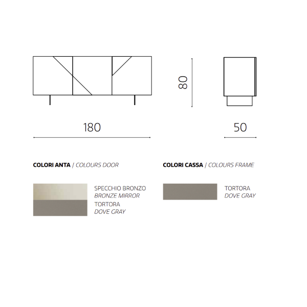 Wooden sideboard 3 doors Tortora Bronze mirror 2 feet - ARTE 180