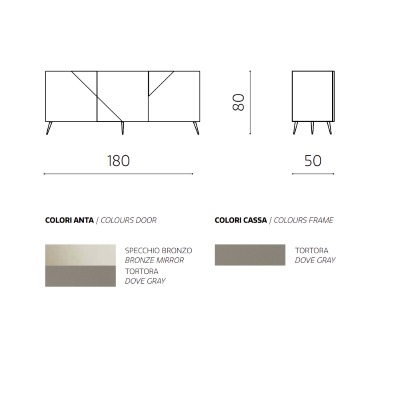 Buffet en bois Tortora avec miroir bronze, 3 portes et 5 pieds - ARTE 180