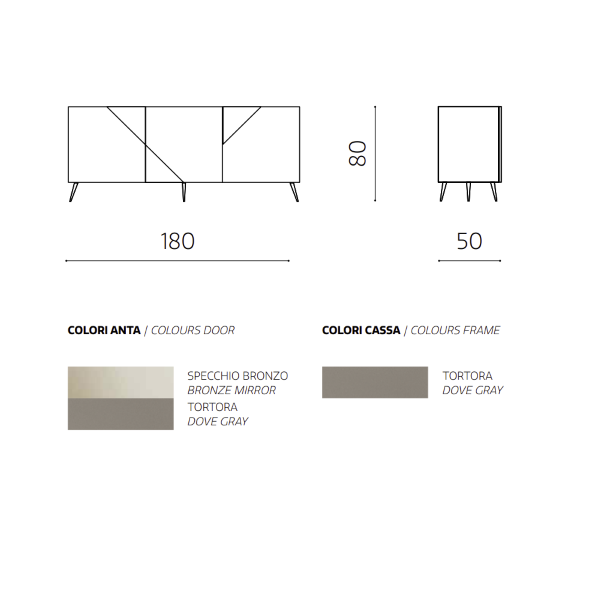 Buffet en bois Tortora avec miroir bronze, 3 portes et 5 pieds - ARTE 180