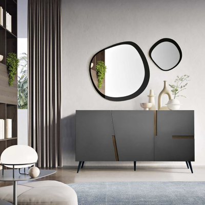 Madia credenza 3 ante inserti teak con scocca Antracite GIRONA con 5 piedini