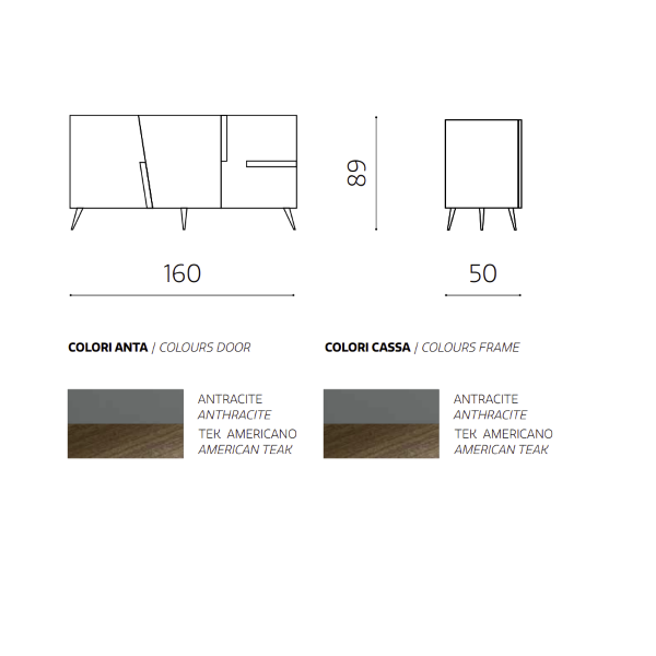 Madia credenza 3 ante inserti teak con scocca Antracite GIRONA con 5 piedini