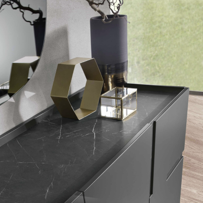 Buffet en bois 3 portes 160 cm Anthracite et Marbre Noir - GIRONA 2 pieds