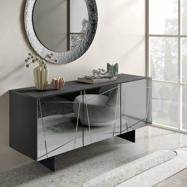 Wooden sideboard 180 cm 3 doors Anthracite smoked mirror - ISIDE 2 feet