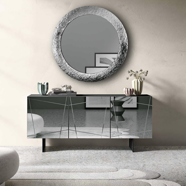 Wooden sideboard 180 cm 3 doors Anthracite smoked mirror - ISIDE 2 feet