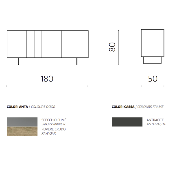 Holz-Sideboard 180 cm 3 Eichentüren mit Spiegel 2 Füße - ROMEO