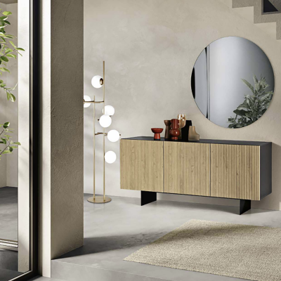 Holz-Sideboard 180 cm 3 Türen in Anthrazit und Eiche mit 2 Füßen - RONDA