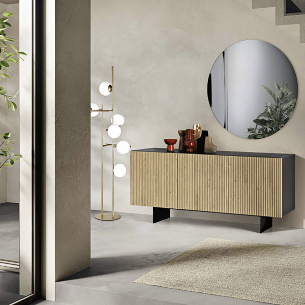 Holz-Sideboard 180 cm 3 Türen in Anthrazit und Eiche mit 2 Füßen - RONDA