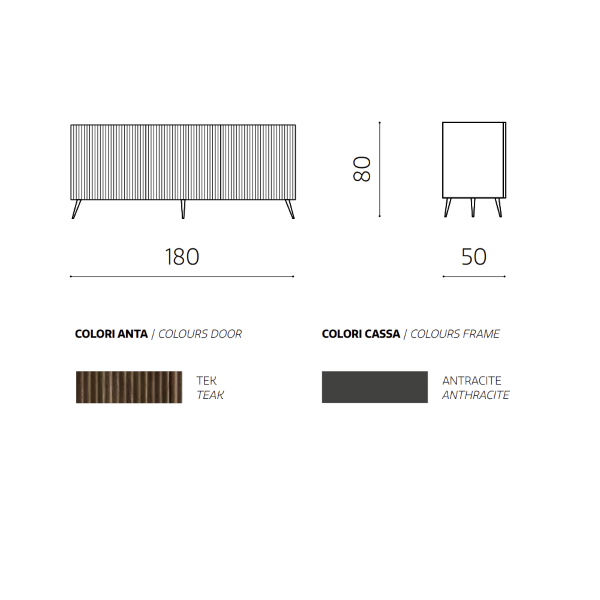 180 cm großes Sideboard aus Anthrazit- und Teakholz, 3 Türen mit 5 Füßen – RONDA