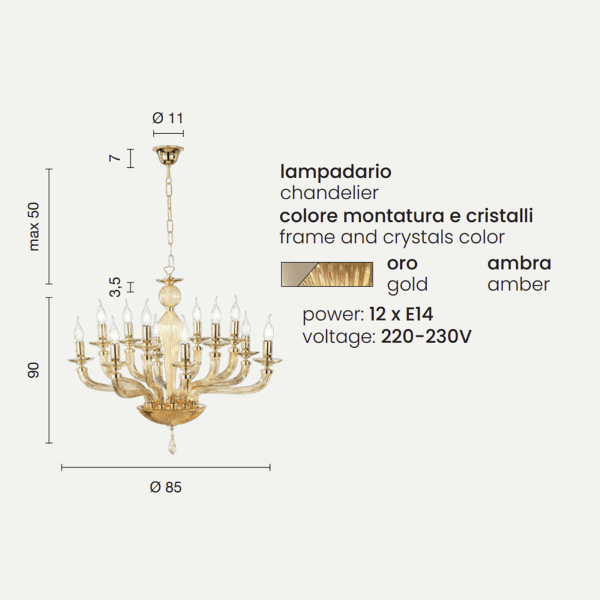 VILLA lámpara de suspensión con 12 luces en vidrio ámbar hecho a mano D85 cm