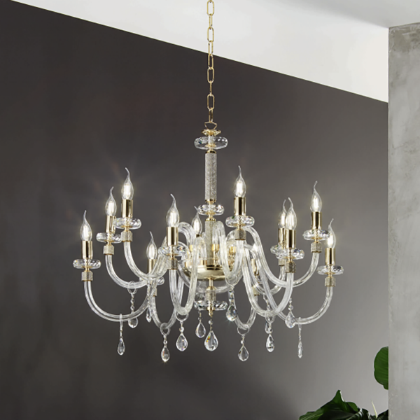 Lampada a sospensione DIDO D83 cm in vetro trasparente lavorato a mano 12 LUCI ORO