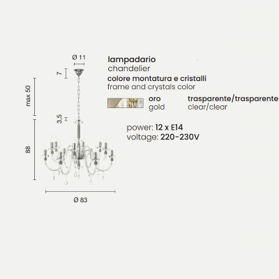 Lampada a sospensione DIDO D83 cm in vetro trasparente lavorato a mano 12 LUCI ORO