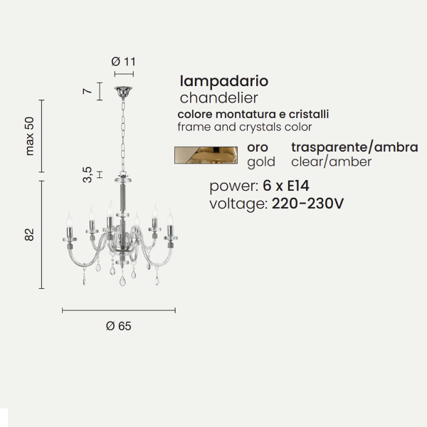 DIDO pendant lamp in handmade transparent glass 6 AMBER LIGHTS D65 cm