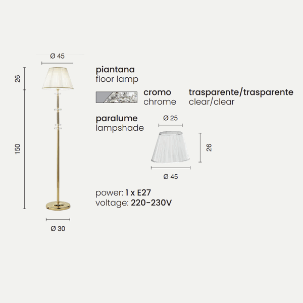 Lampadaire DIDO en verre transparent fait main CHROME H176 cm
