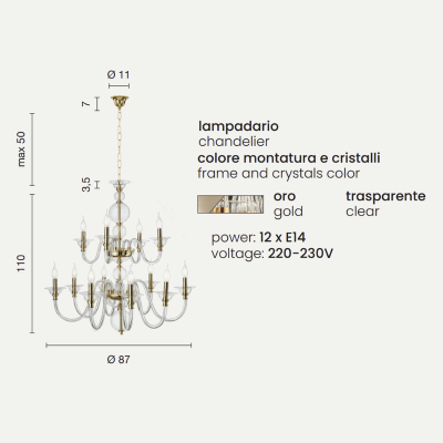12 lights TEBE suspension lamp in GOLD handmade glass D87 cm