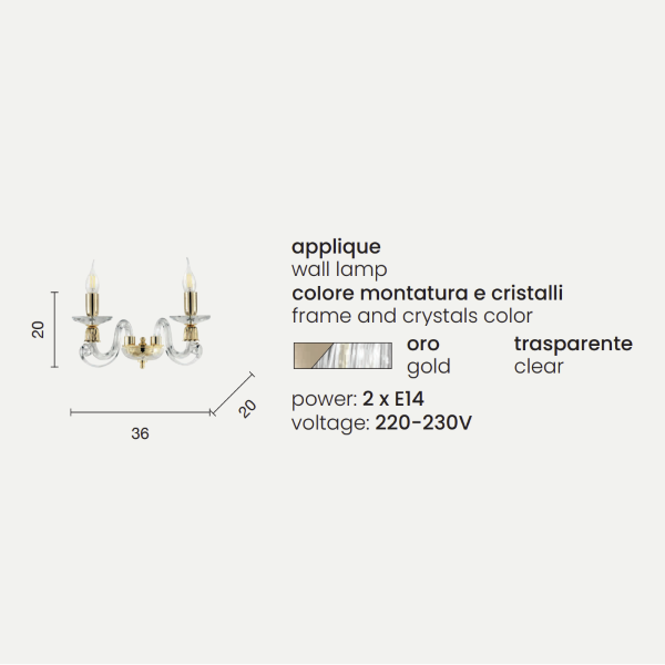 Applique 1396 1 ou 2 lumières en verre et cristal 36 cm