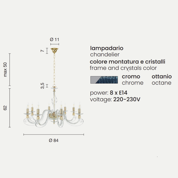 1306 Hängeleuchter aus mundgeblasenem Glas mit 8 Lichtern OCTANIO D84 cm