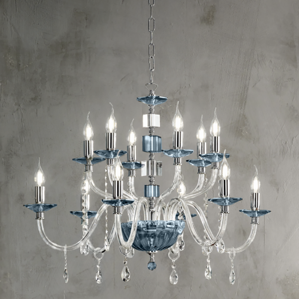 Lustre suspendu LIVIA D85 cm en verre et cristal Ottanio 12 lumières