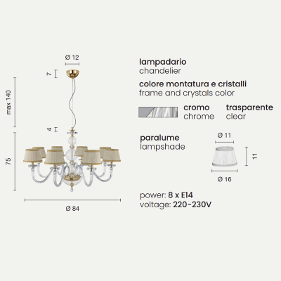 BACH Pendelleuchte mit Lampenschirm aus transparentem Glas 8 CHROME LIGHTS D84 cm