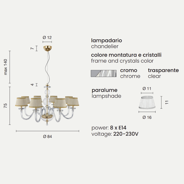 BACH Pendelleuchte mit Lampenschirm aus transparentem Glas 8 CHROME LIGHTS D84 cm