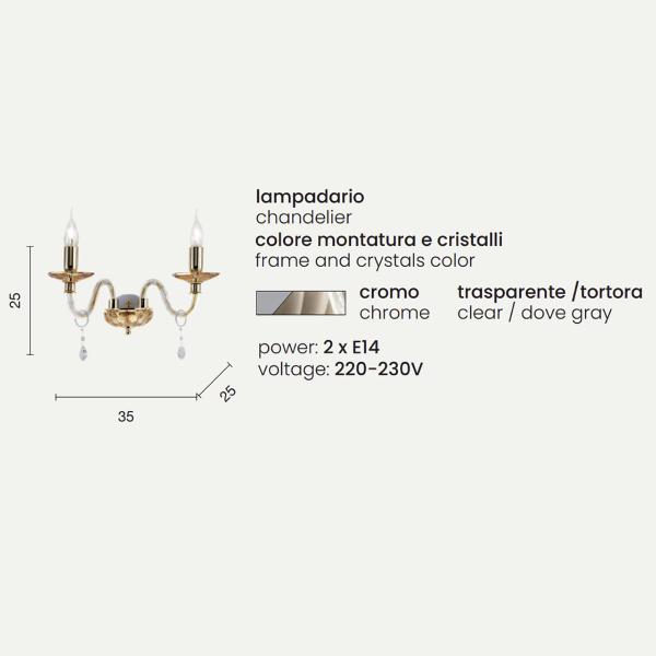 CECILIA Wandleuchte aus taubengrauem Kristall, 2 Lichter 35x25 cm
