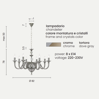Lámpara colgante GALA en vidrio hecho a mano con 8 LUCES TORTORA detalles en metal D82 cm