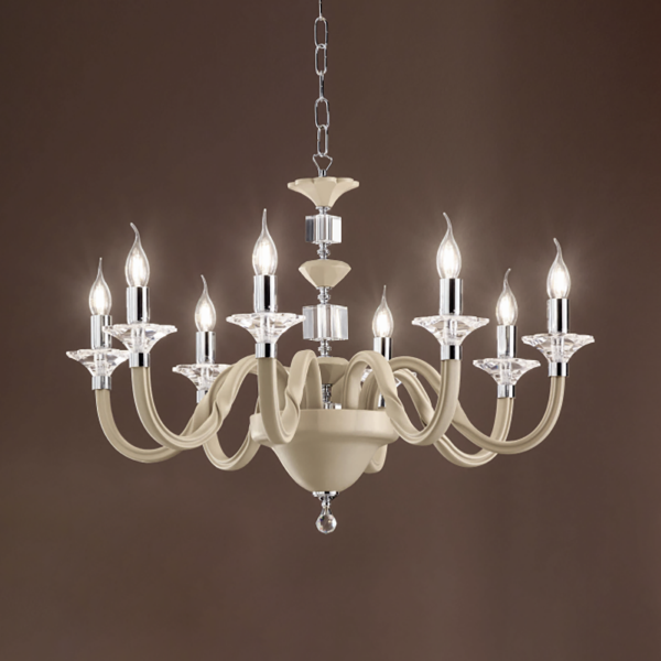 Lámpara colgante GALA en vidrio hecho a mano con 8 LUCES TORTORA detalles en metal D82 cm