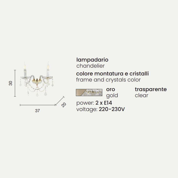 Applique OPERA 37 cm a 2 luci in vetro lavorato a mano Oro