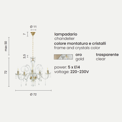 Lampadario a sospensione in cristallo D72 cm MARIATERESA liscio 5 luci