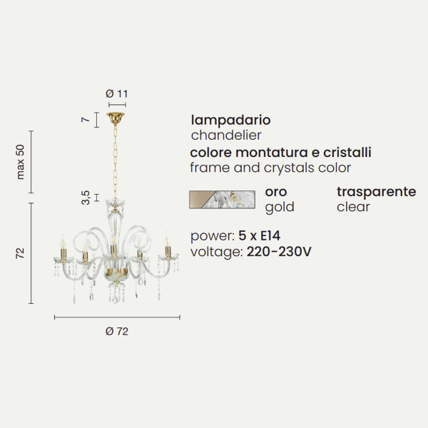 Lampadario a sospensione in cristallo D72 cm MARIATERESA liscio 5 luci