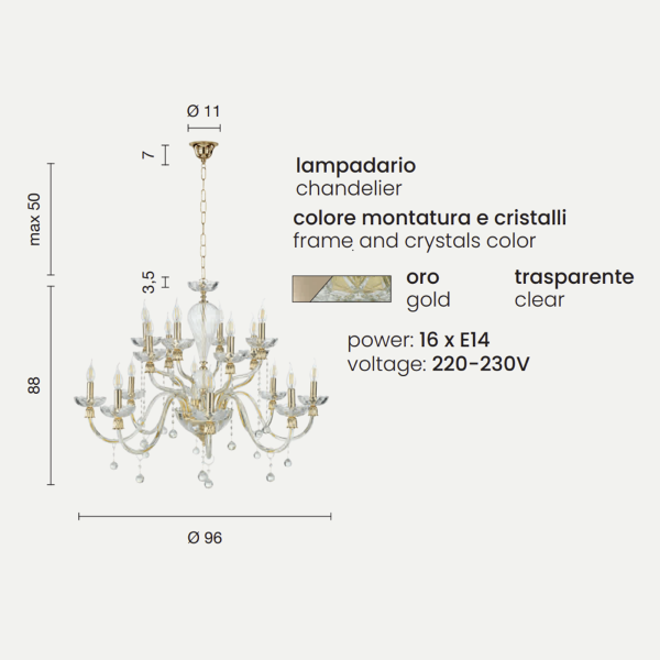 ROXANNE hanging lamp in handmade blown glass 16 LIGHTS D96 cm