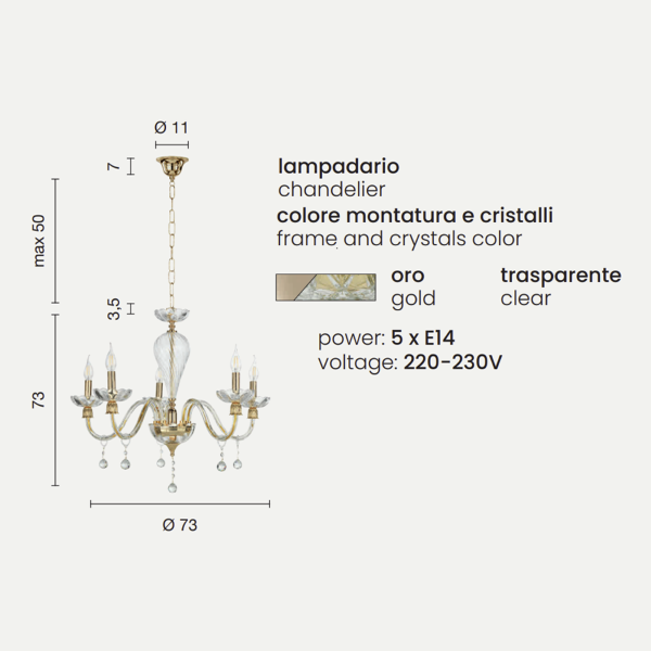 ROXANNE Pendelleuchte aus mundgeblasenem Glas 5 LIGHTS D72 cm