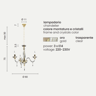 Araña FIAMMA en cristal y cristal transparente con acabado dorado 3 LUCES D60 cm